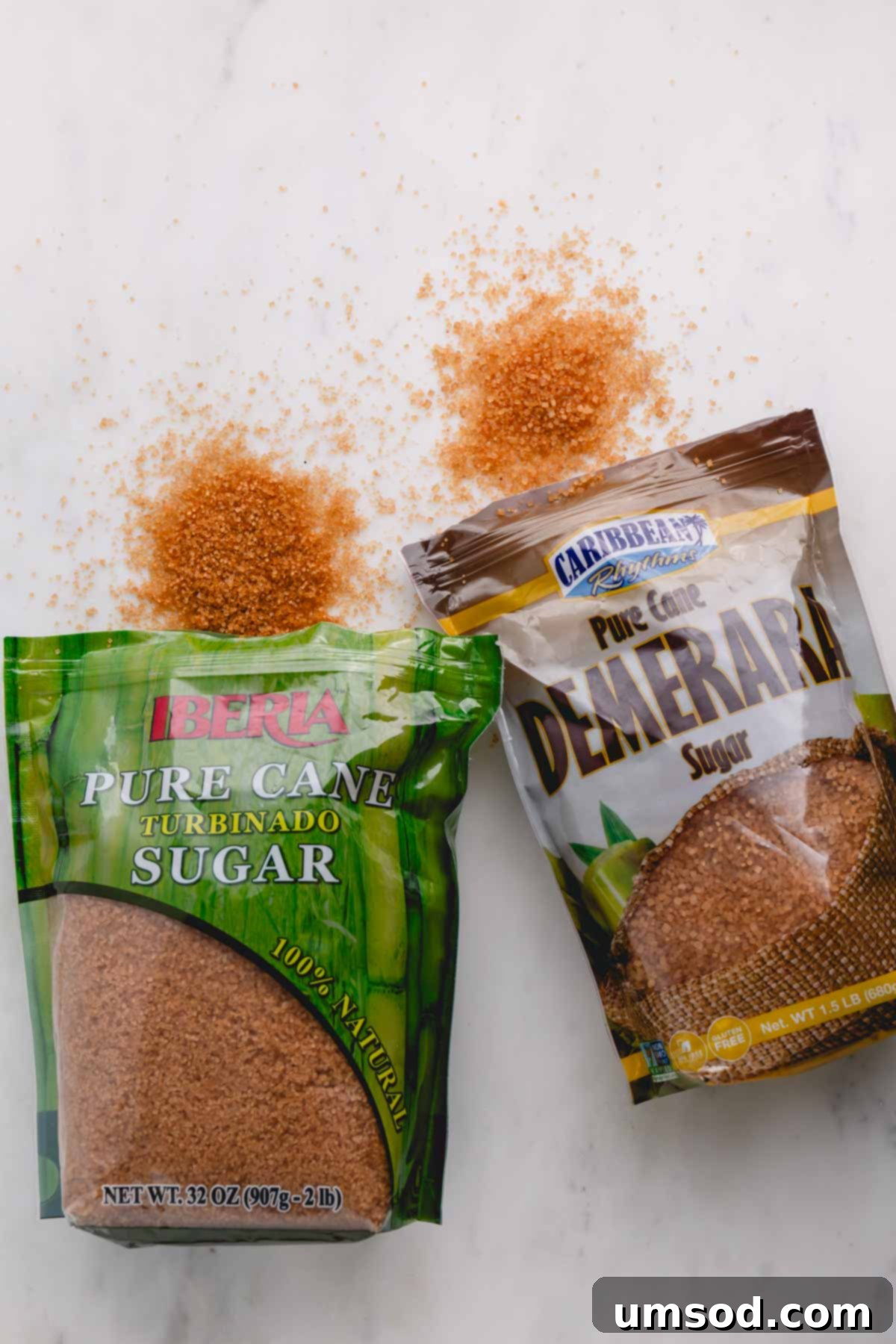Sugar Essentials: 13 Common Types and Their Best Uses 5 Bags of pure cane sugar and demerara sugar, highlighting their coarser textures.