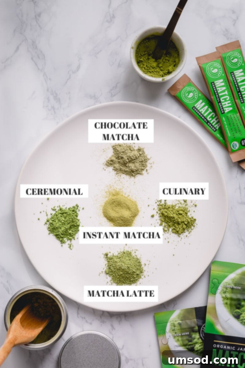 Matcha 101 3 Five small piles of different matcha powder types, varying in color and texture, are spooned on a clean white plate, showcasing the diversity of matcha grades from vibrant green ceremonial to darker culinary options.