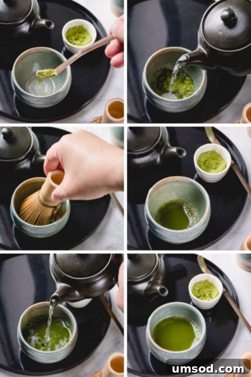 Matcha 101 4 A six-panel photo collage illustrating the step-by-step process of making matcha tea, starting from scooping the powder, sifting, whisking with a chasen, and ending with a perfectly frothy green cup.