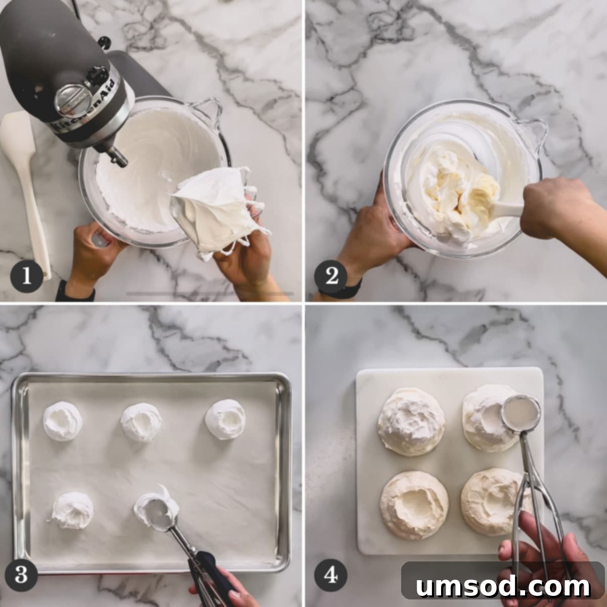 Raspberry Cloud Bites 4 Step-by-step visuals showing the preparation of meringue, from whipping egg whites to forming pavlova rounds on a baking sheet.