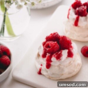 Mini pavlova topped with raspberry whipped cream, raspberry sauce and fresh raspberries.