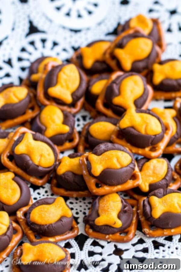 Choco-Goldfish Crunch 3 Close-up photo of various chocolate Goldfish cracker bites, showcasing their tempting sweet and salty appeal and unique texture