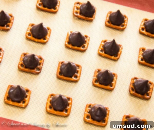 Choco-Goldfish Crunch 4 Step-by-step image illustrating the preparation of chocolate Goldfish cracker bites, with pretzels and chocolate on a baking sheet