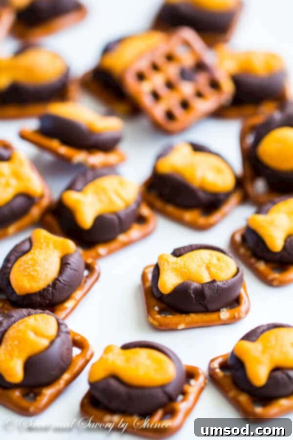 Choco-Goldfish Crunch 5 A large batch of freshly made sweet and salty chocolate Goldfish cracker bites, perfectly hardened and ready for serving