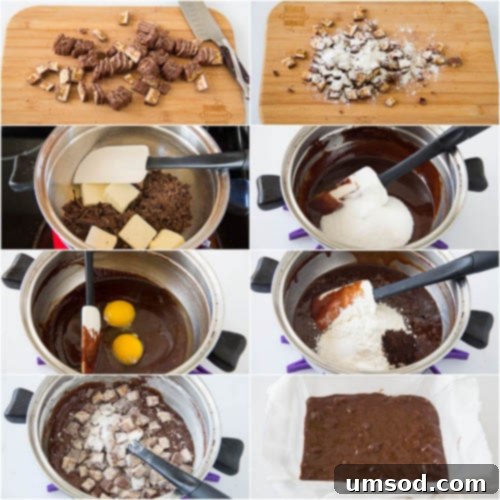 A visual step-by-step guide illustrating the baking process of homemade Snickers brownies.
