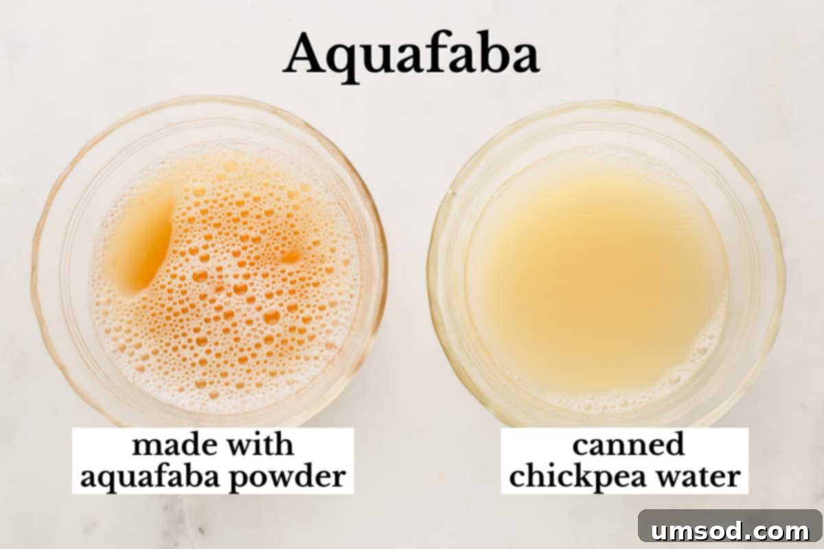 Two bowls: one with rehydrated aquafaba powder and another with liquid drained from canned chickpeas.