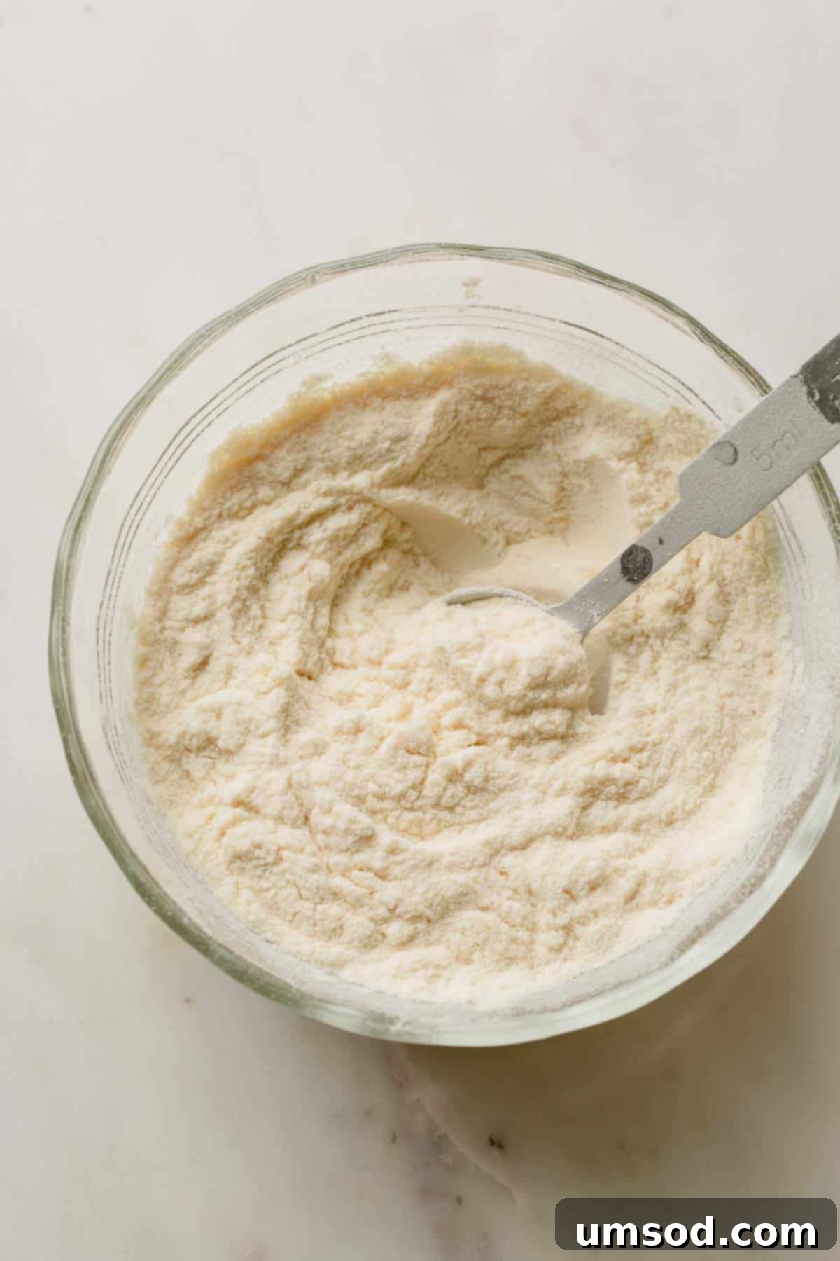 A bowl filled with fine, white aquafaba powder, ready for rehydration.