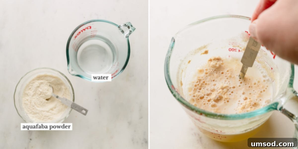 Aquafaba powder and water side-by-side, then being whisked together in a bowl.