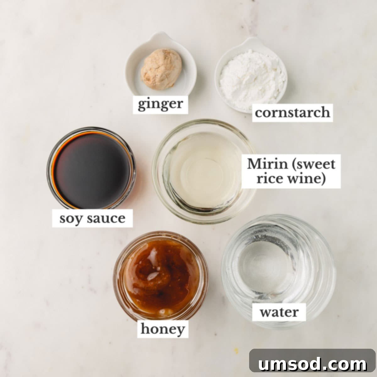 Individual small bowls showcasing the six key ingredients for homemade teriyaki sauce: soy sauce, fresh ginger, cornstarch, mirin, water, and golden honey.