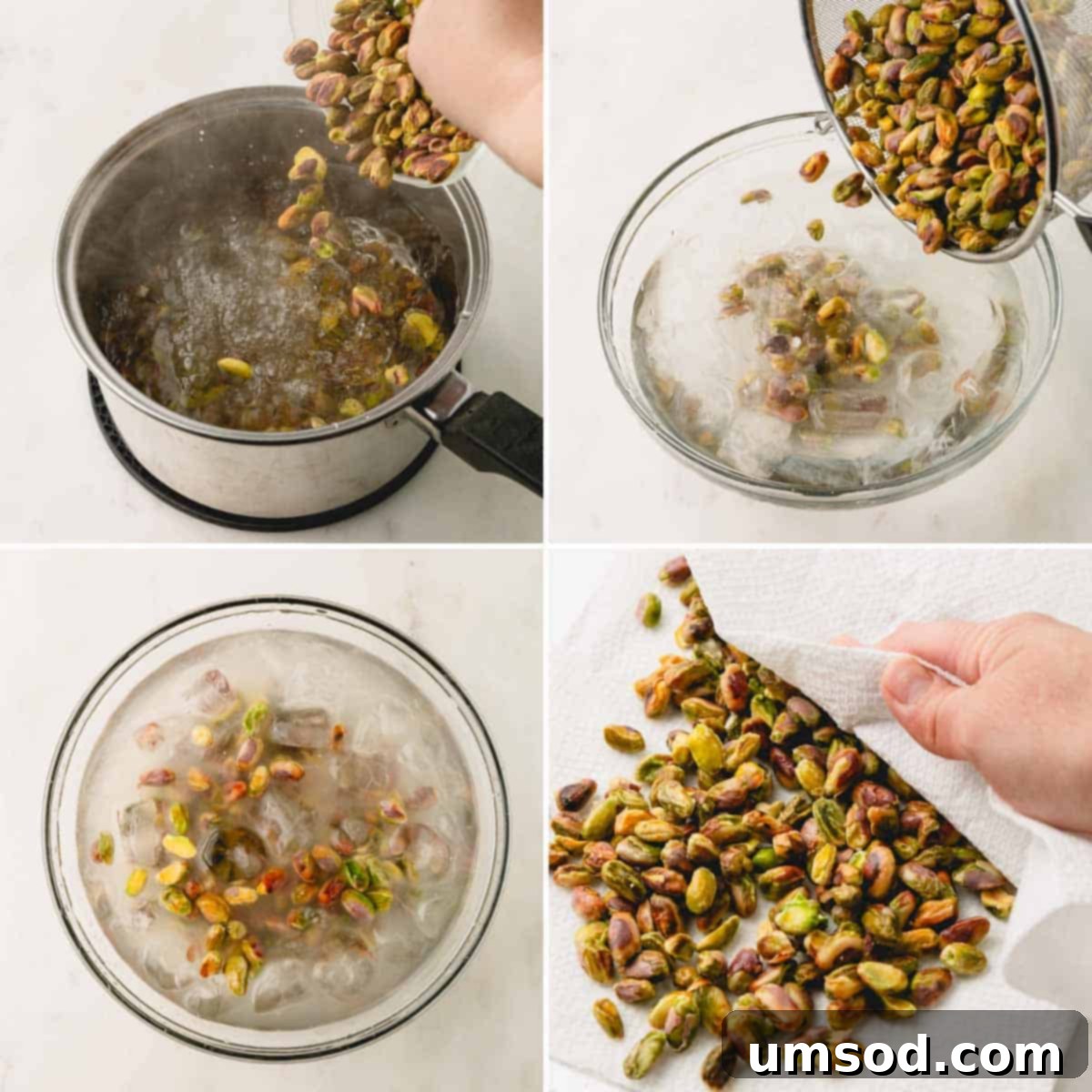 Four sequential images demonstrating the pistachio blanching process: boiling, soaking, shocking in ice water, and draining.