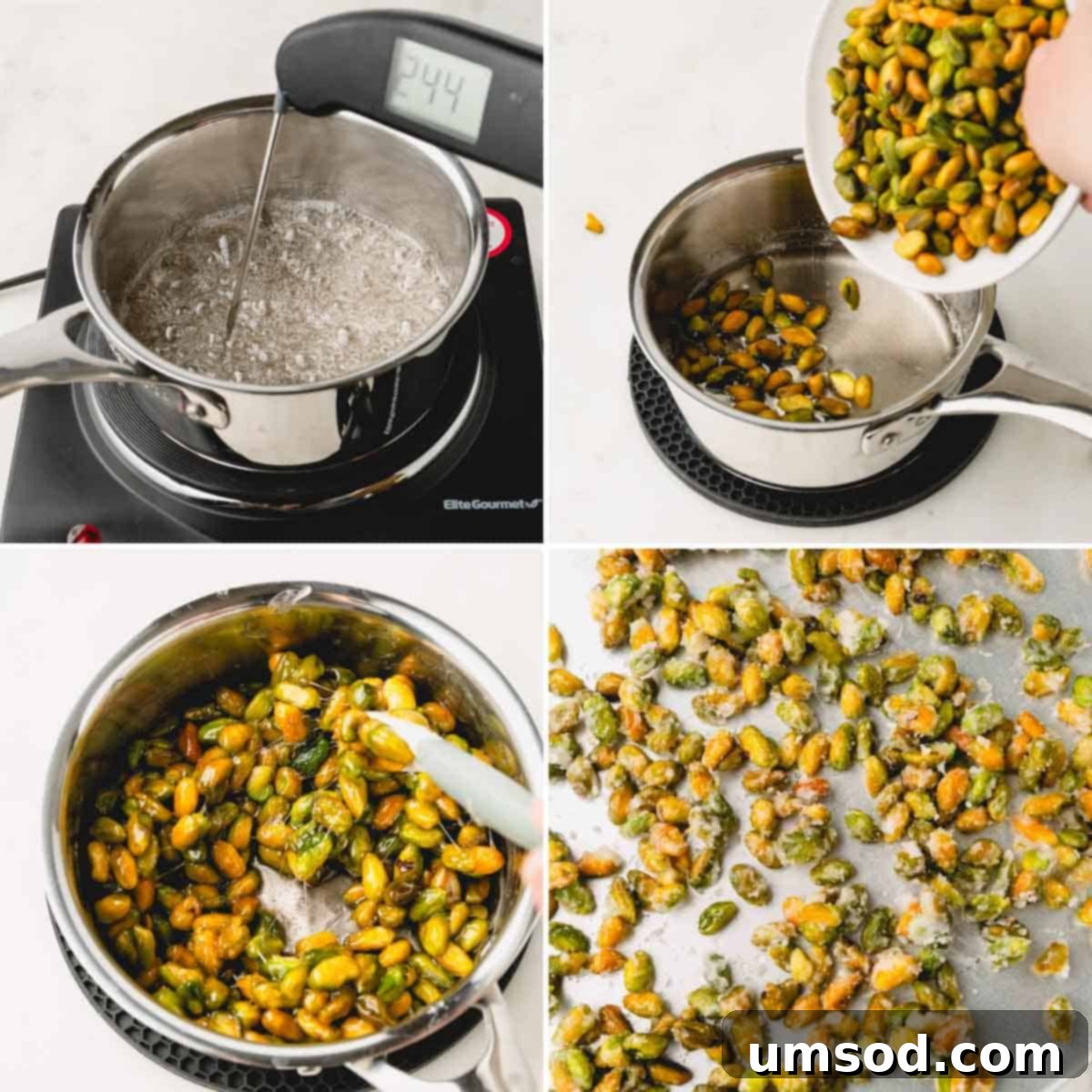 Four images detailing the process of coating shelled pistachios in a sugar syrup: sugar and water, boiling syrup, adding pistachios, and coated pistachios on a baking sheet.