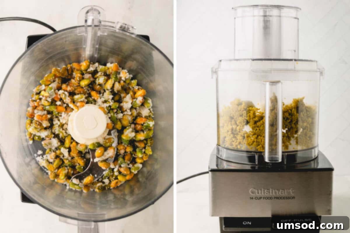 Sugared pistachios in a food processor bowl before blending, and then being blended into a coarse meal.