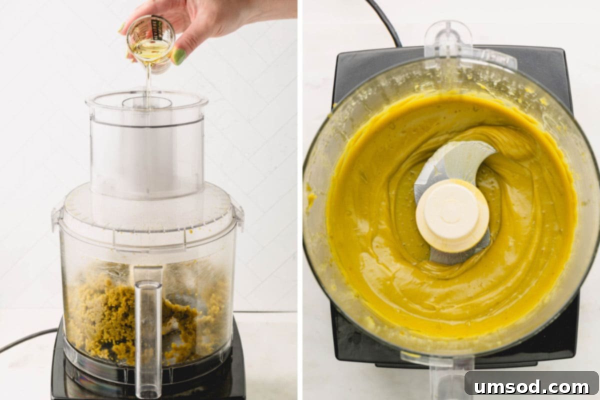 Neutral oil being poured into a food processor while blending pistachios, followed by an image of the perfectly smooth and blended pistachio butter.