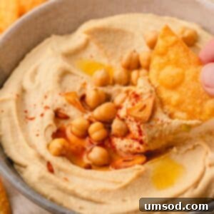 A chip being dipped into a bowl of roasted garlic hummus.