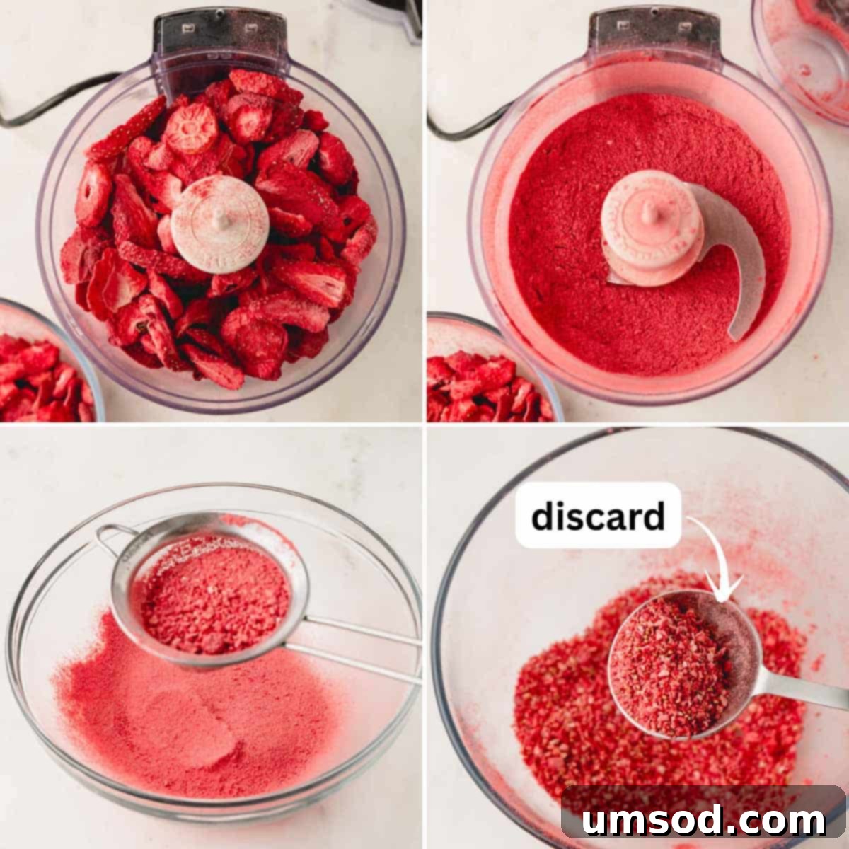 A four-image collage demonstrating the transformation of freeze-dried strawberries into a fine, sifted powder.