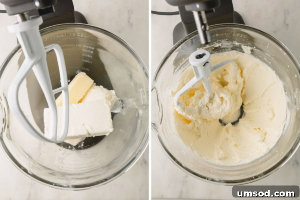 Two images side by side: the first shows cream cheese and butter in a stand mixer, and the second shows the mixture after being whipped to a light and fluffy consistency.