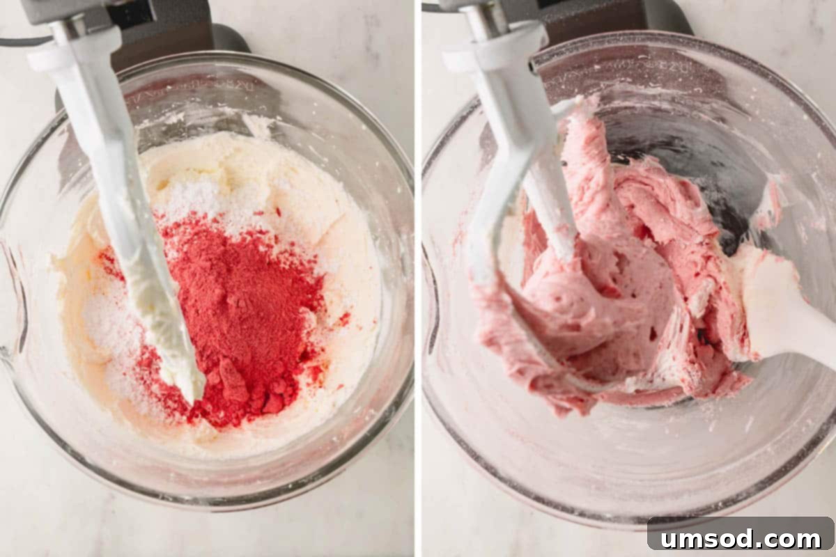 A bowl of whipped cream cheese and butter, first with a pile of freeze-dried strawberry powder on top, then after it has been gently folded into the mixture.