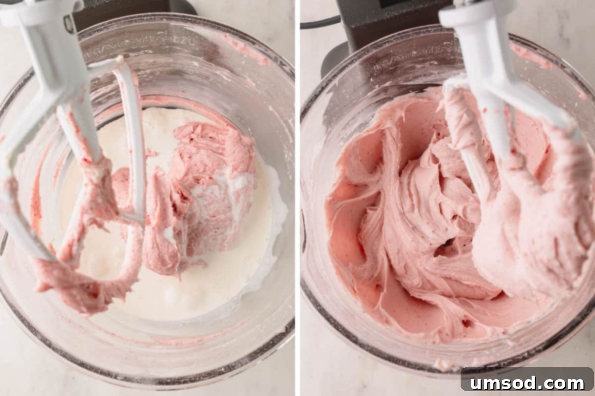 Heavy cream being poured into a bowl of strawberry cream cheese frosting, followed by an image of the perfectly mixed, smooth, and fluffy frosting.