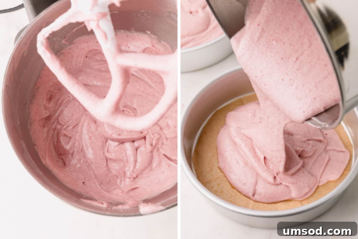 Berry Sweet Symphony 12 Strawberry cake batter in a stand mixer and being poured into a lined cake pan.