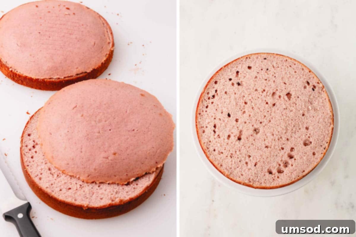 Berry Sweet Symphony 15 Two strawberry cakes being leveled and stacked on a cake stand.