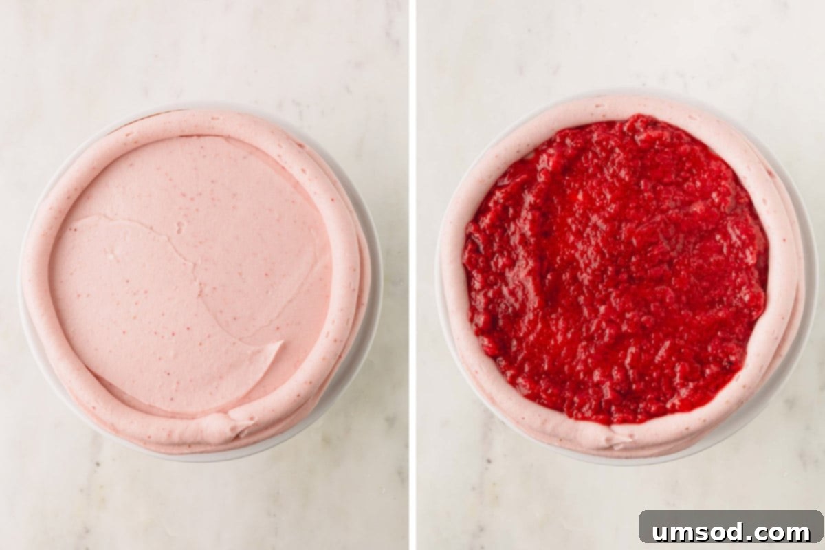 Berry Sweet Symphony 16 A frosted strawberry cake and strawberry syrup in the center.