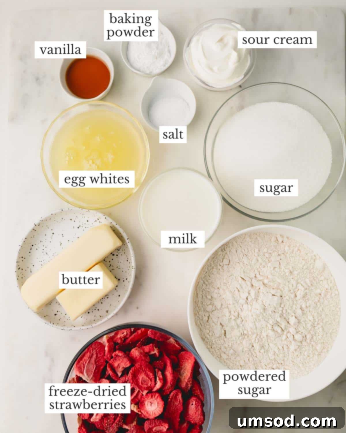 Berry Sweet Symphony 4 Ingredients to make homemade strawberry cake with freeze-dried strawberries.