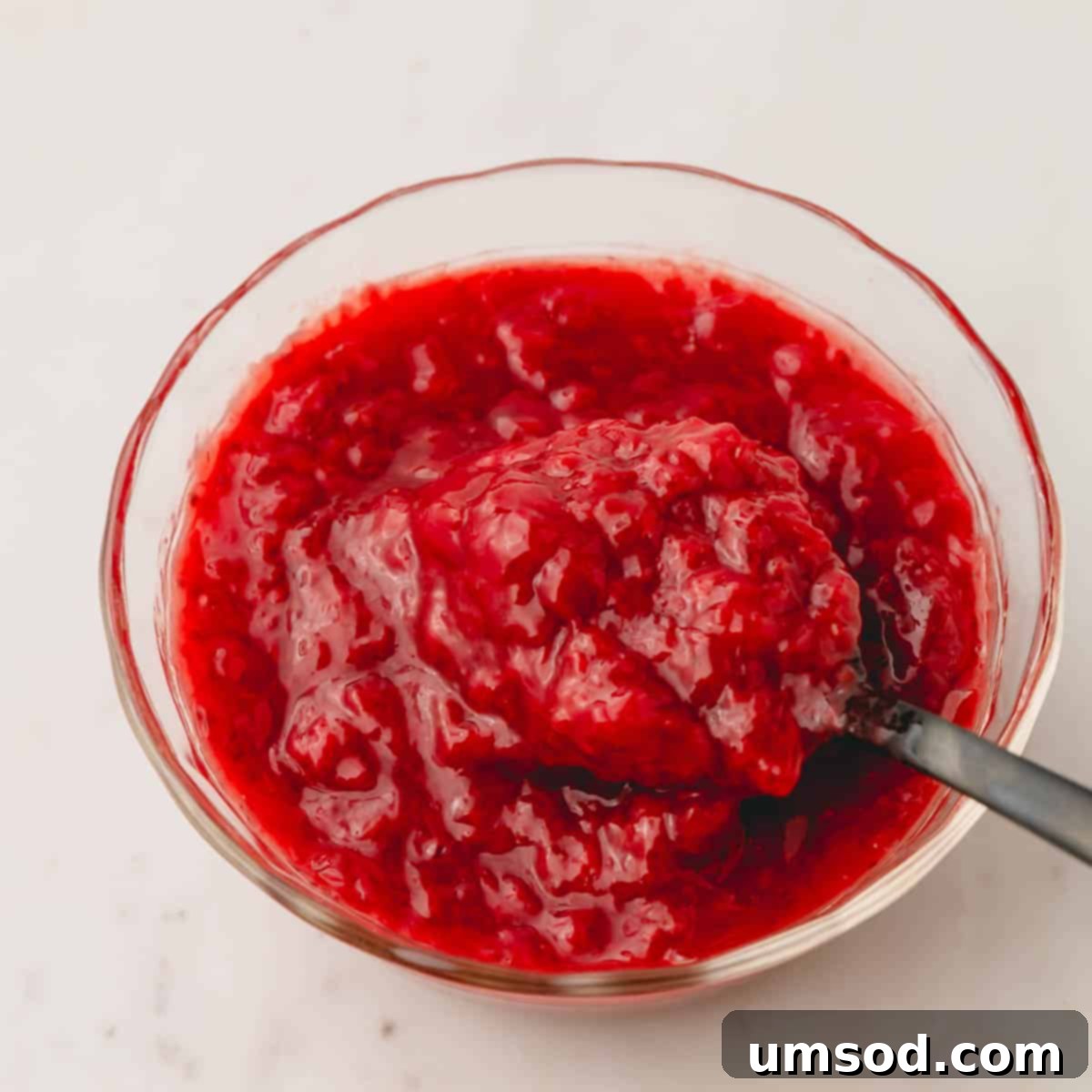 Berry Sweet Symphony 5 A bowl of strawberry sauce with a spoon sticking out.