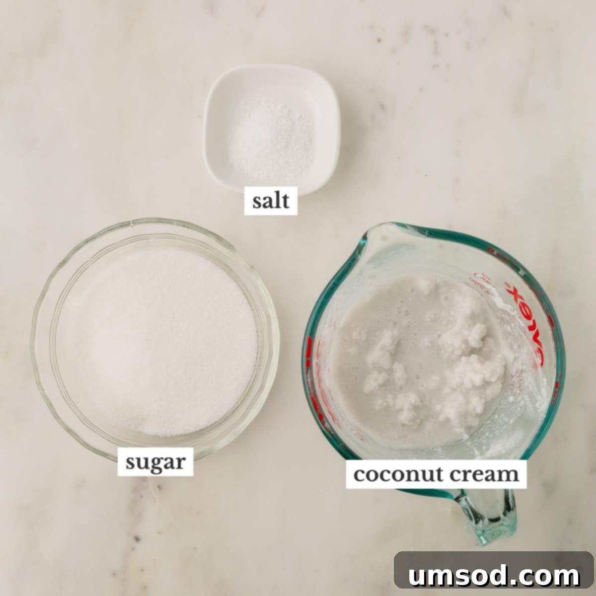 Three ingredients: coconut cream, salt, and granulated sugar ready to make caramel filling.
