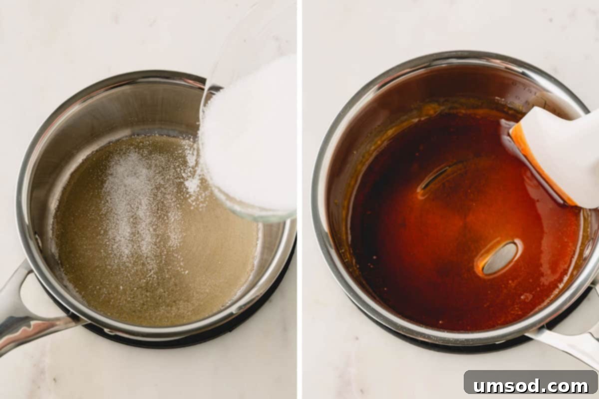 Granulated sugar melting slowly in a pan.