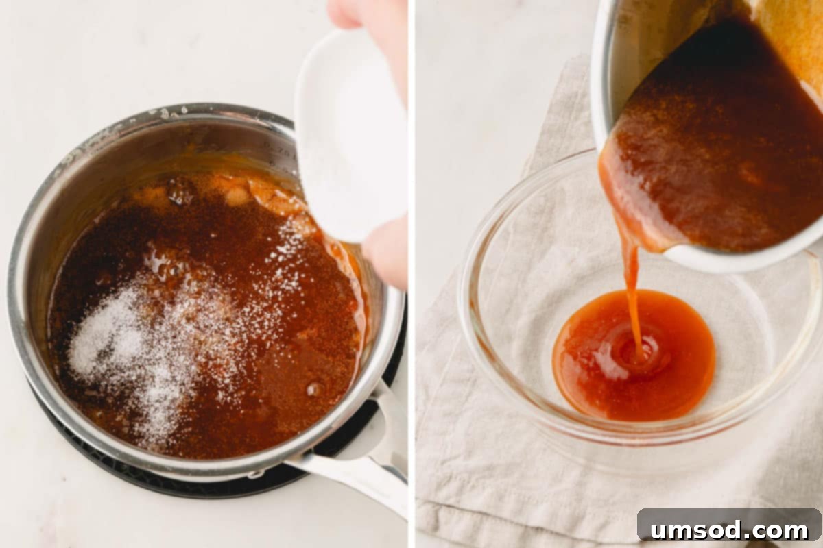 Salt being stirred into vegan caramel, then caramel being poured into a shallow bowl.