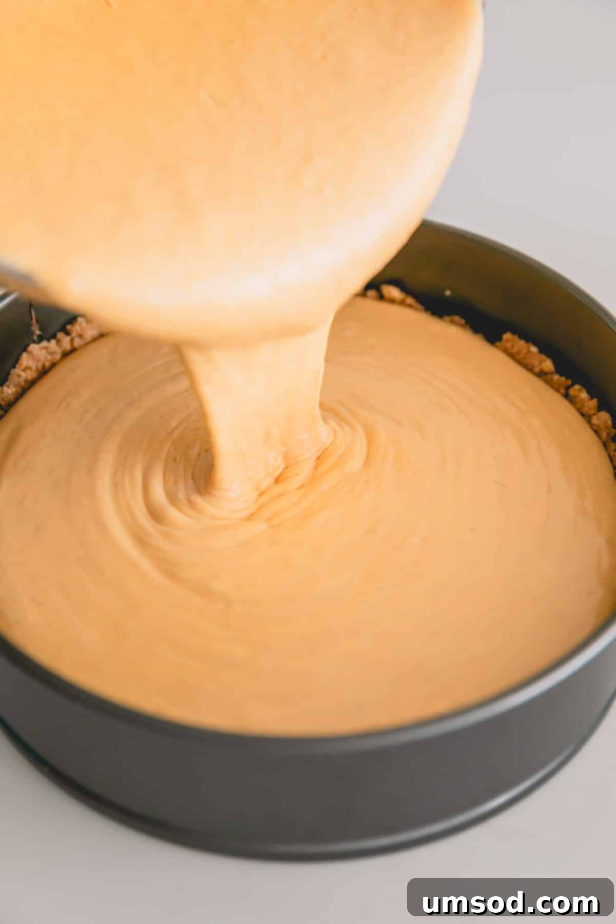 Maple pumpkin cheesecake filling being carefully poured into a springform pan.