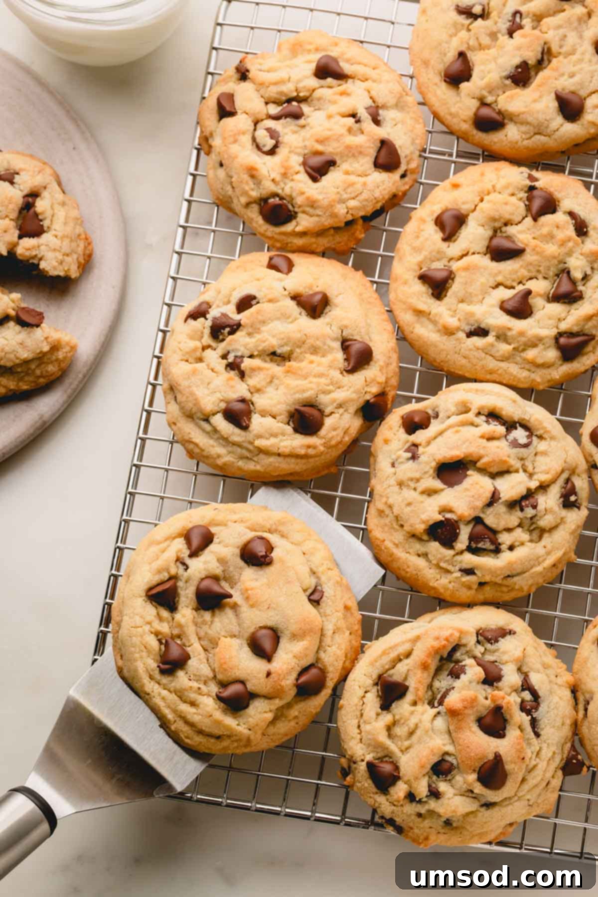 Perfectly baked thick and chewy chocolate chip cookies cooling on a wire rack.