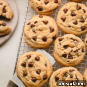 Thick and chewy chocolate chip cookies on a wire rack