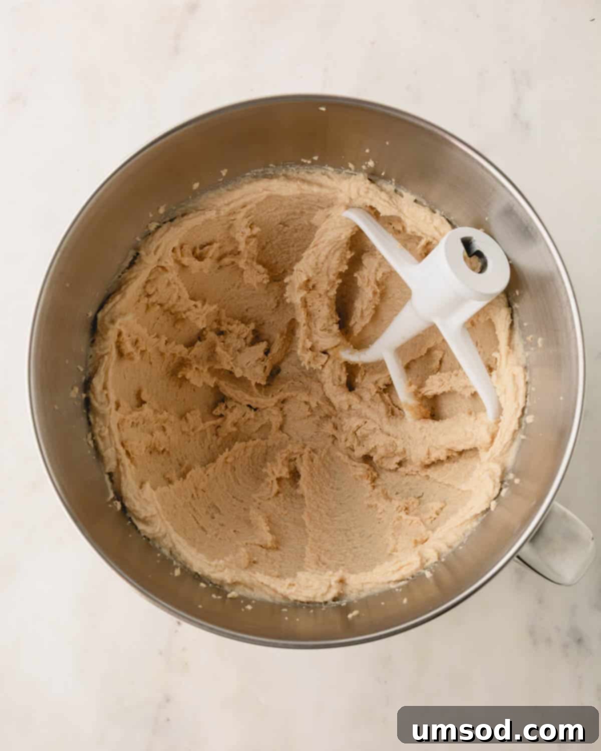 Creamed white sugar, brown sugar, and butter in a bowl using a stand mixer.