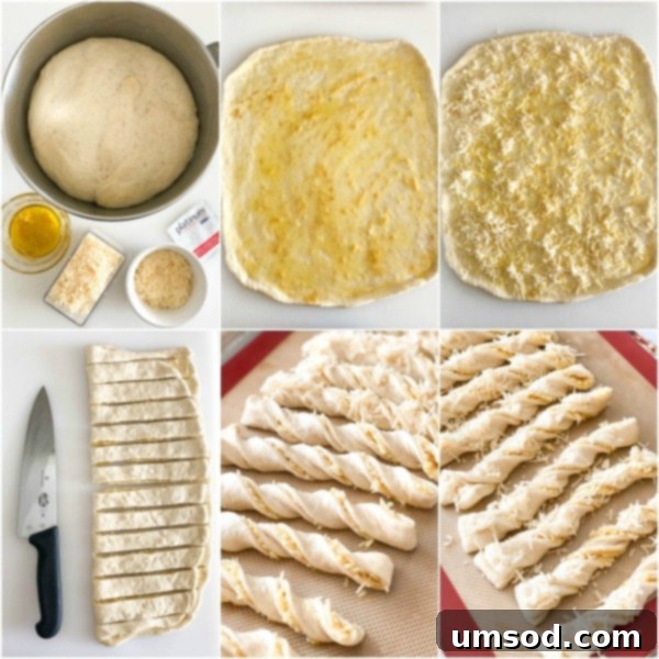 Crispy Garlic Breadsticks 4 Step-by-step photos demonstrating how to roll, spread, fold, cut, and twist the dough for cheesy breadsticks.