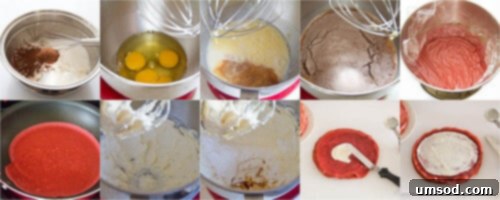 Crimson Velvet Crepe Delight 7 Step-by-step guide to making Red Velvet Crepe Cake, showing different stages of preparation.