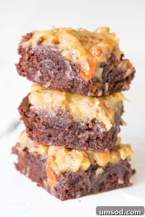 Fudgy German Chocolate Brownies topped with coconut-pecan frosting