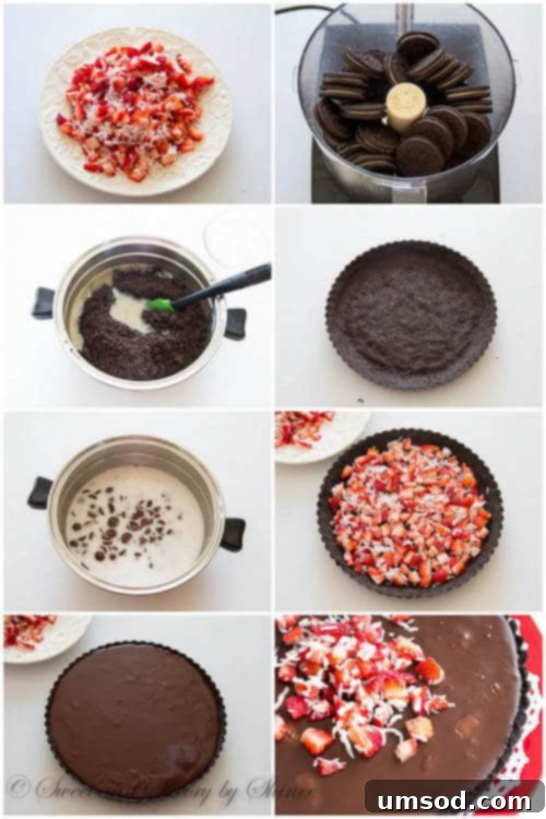 Step-by-step photos illustrating the preparation of the no-bake chocolate truffle tart.