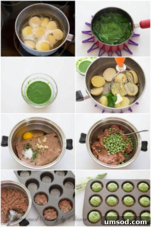 Step-by-step guide showing how to pipe green mashed potato onto mini shepherd's pie meat bases in a muffin tin.