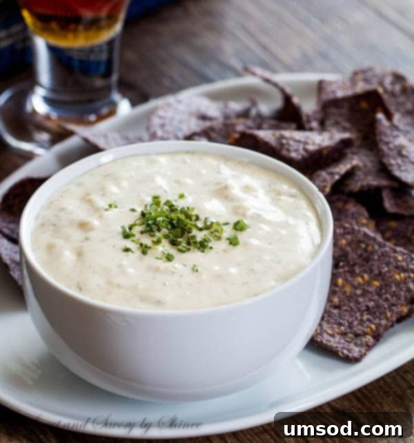 Warm beer cheese dip in a small oven-safe dish, garnished with fresh herbs, ready to be served.