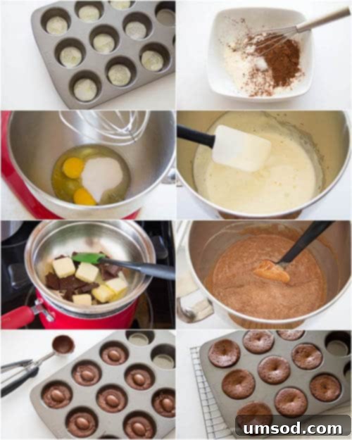 Gooey Caramel Lava Bites 4 Step-by-step photo instructions for making Mini Caramel Lava Cakes, showing the batter being poured and caramel eggs being placed.