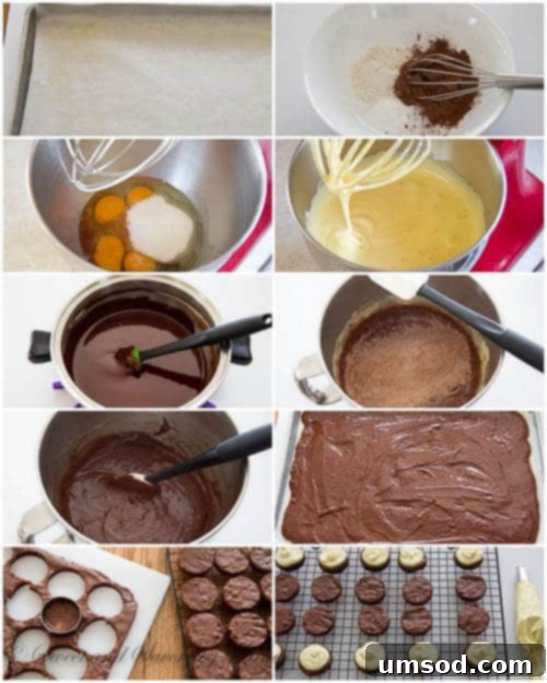 Detailed step-by-step photo collage showing the process of making mini chocolate layer cakes, from preparing batter to cutting and frosting.