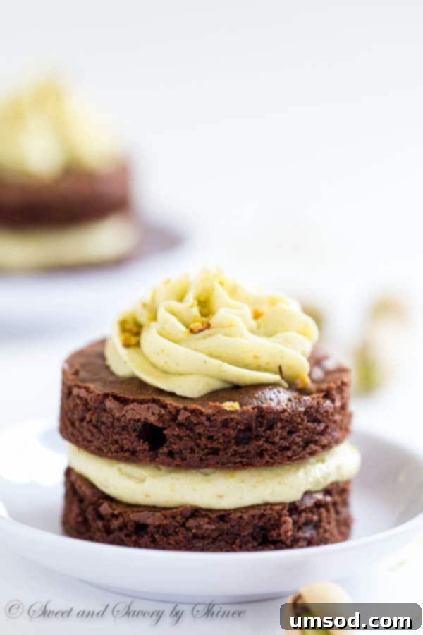 A top-down view of an elegantly frosted mini chocolate layer cake with pistachio buttercream, adorned with a swirl of frosting and green pistachio bits.