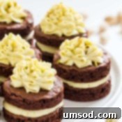 Another view of the delicious mini chocolate layer cakes with pistachio buttercream.