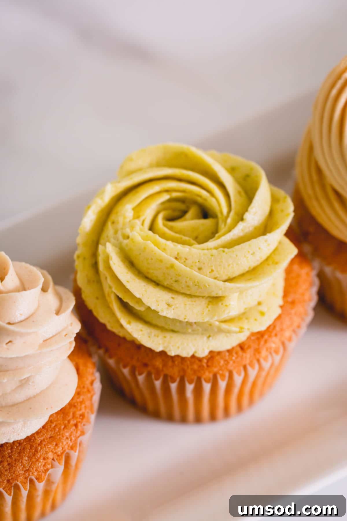 Vanilla cupcake frosted with pistachio buttercream and garnished with chopped pistachios.