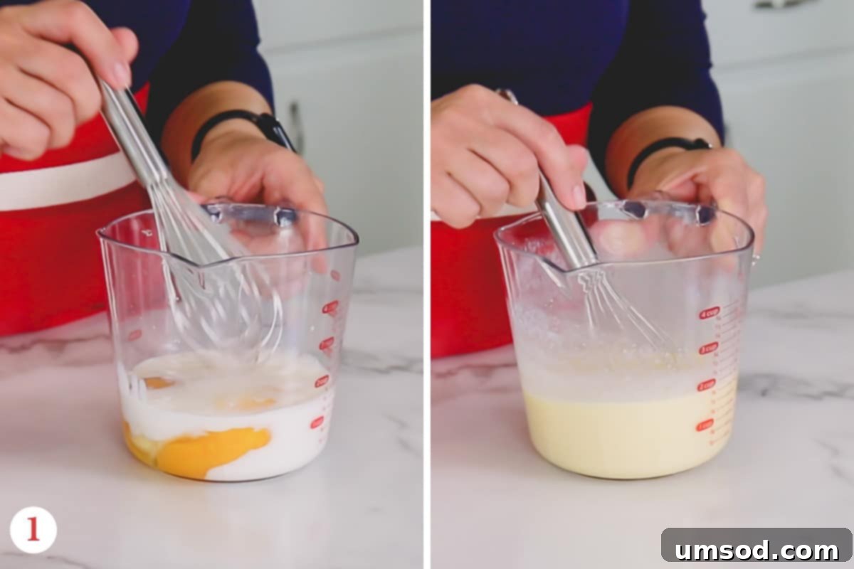Side-by-side image illustrating the mixing of wet ingredients for scones.