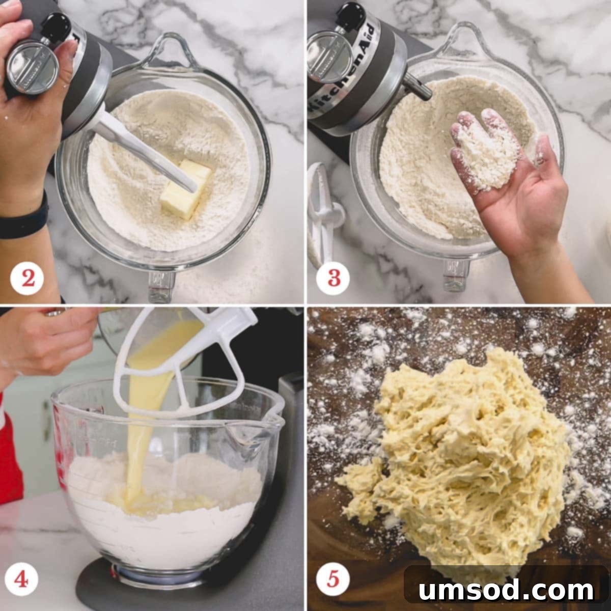 Step-by-step photos illustrating the process of making scone dough.