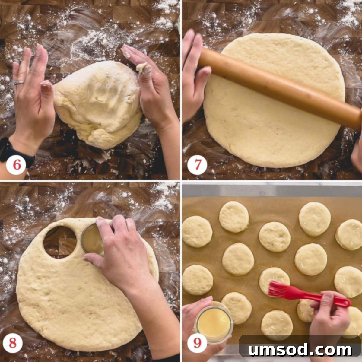 Step-by-step photos demonstrating the shaping process of scones.