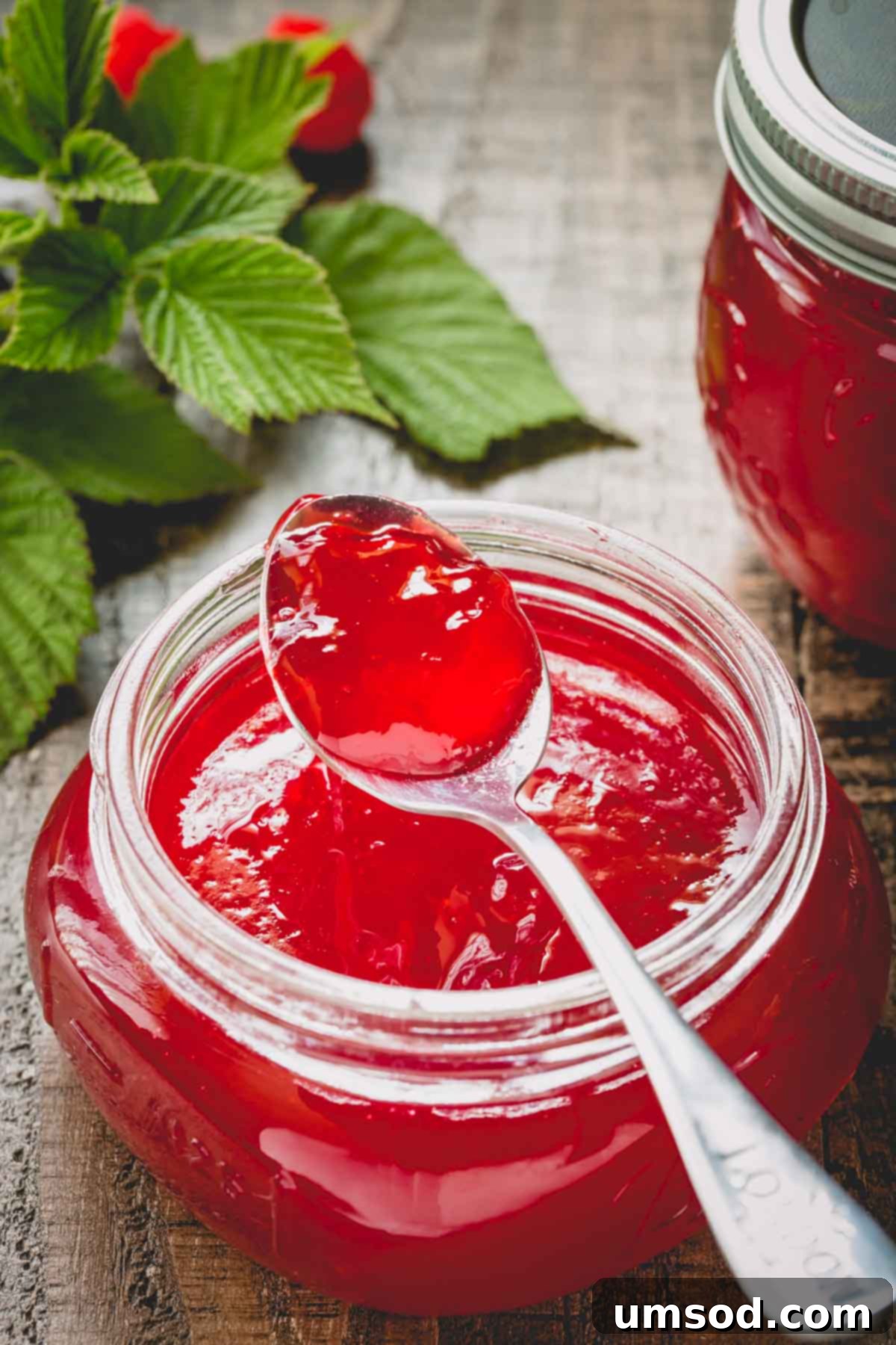 Effortless Pectin-Free Raspberry Jelly 2 Raspberry jelly in a wide mouth glass jar with spoonful of jelly rested on the jar.