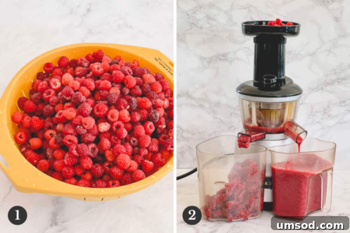 Effortless Pectin-Free Raspberry Jelly 3 Side by side images of fresh raspberries and juicer extracting raspberry juice.